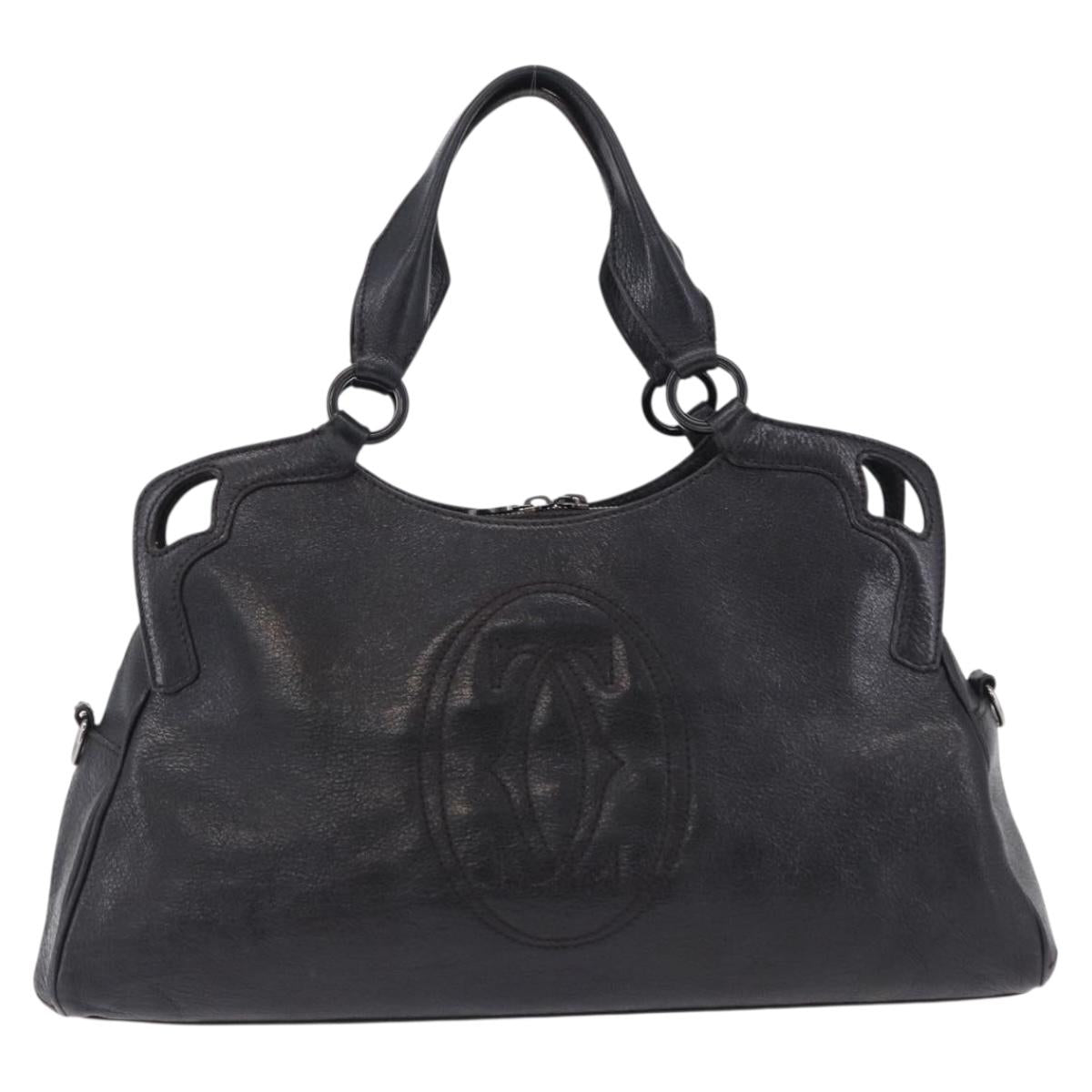 CARTIER Hand Bag Leather Black Silver Auth BA14473