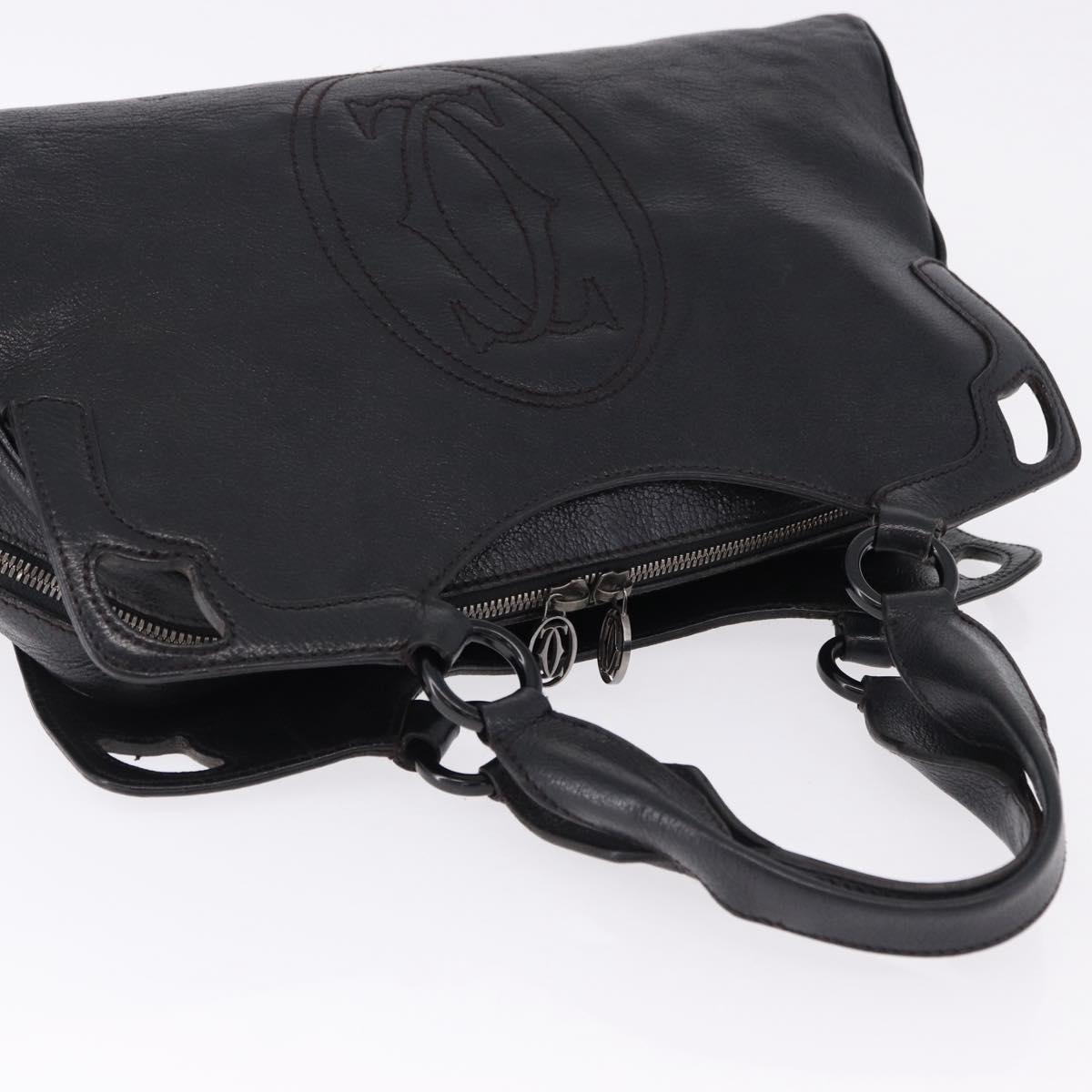 CARTIER Hand Bag Leather Black Silver Auth BA14473