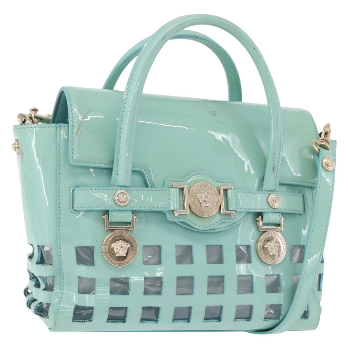 VERSACE Hand Bag Patent leather 2way Green Gold Auth BA14483