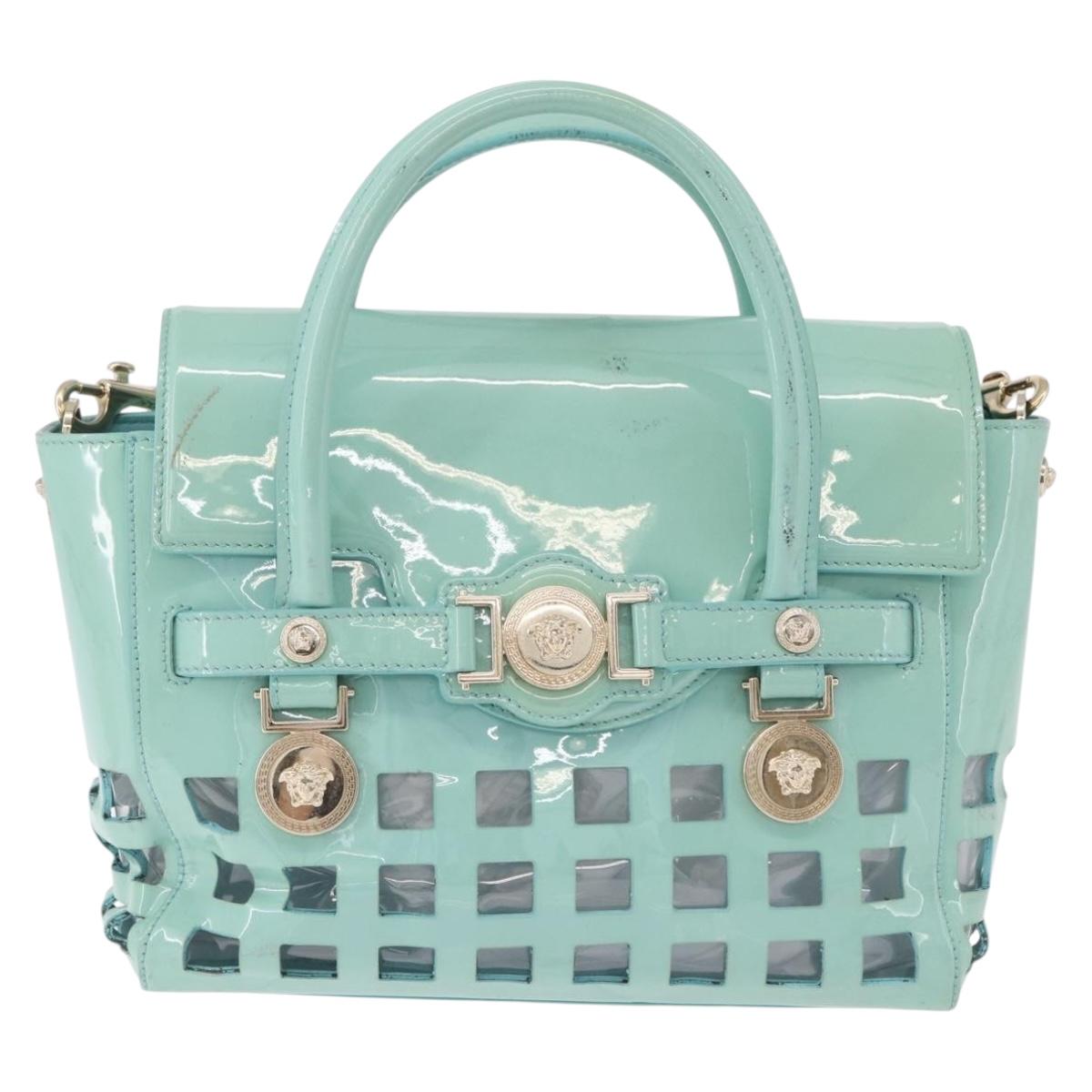 VERSACE Hand Bag Patent leather 2way Green Gold Auth BA14483
