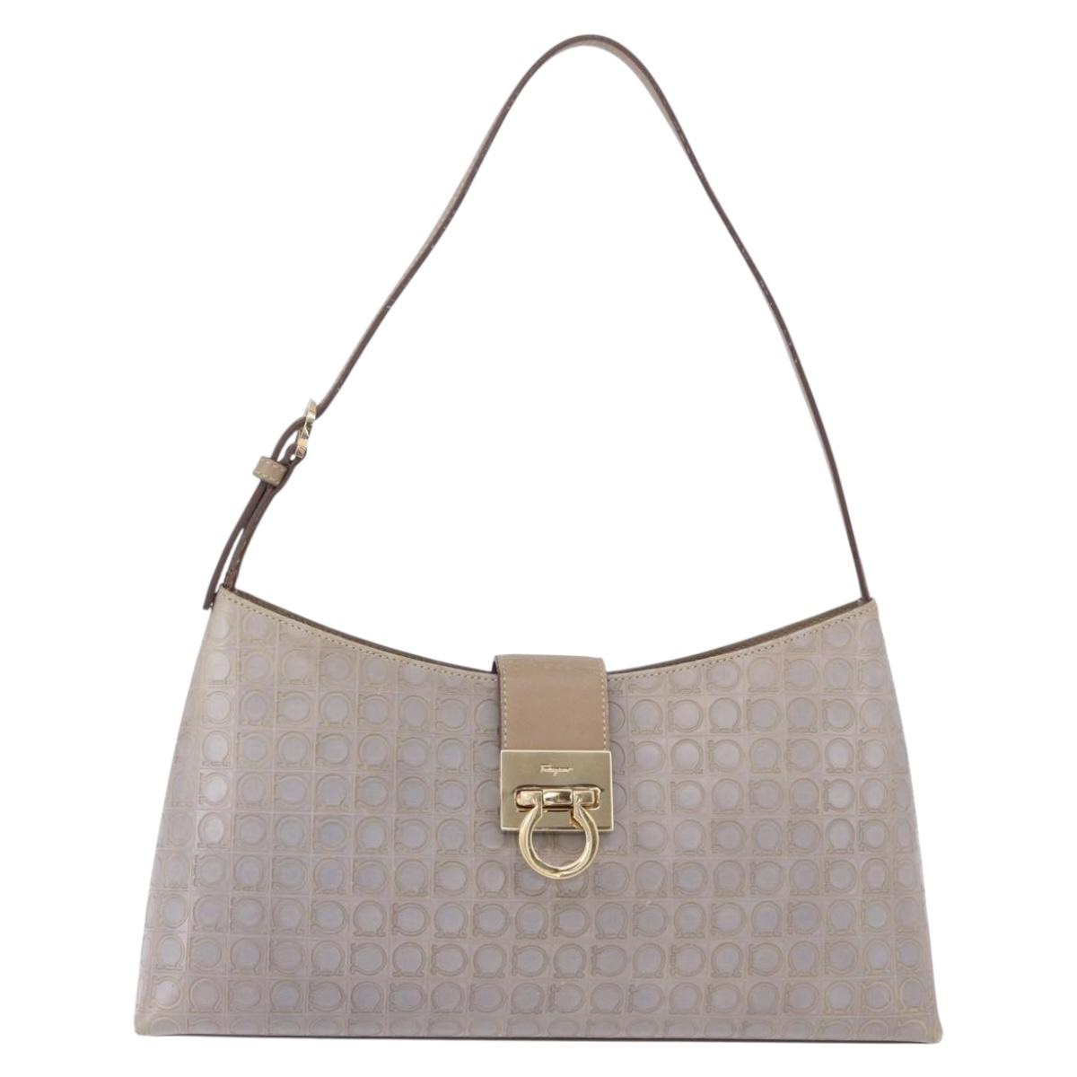 Salvatore Ferragamo Gancini Hand Bag Leather Gray Gold Auth BA14490A
