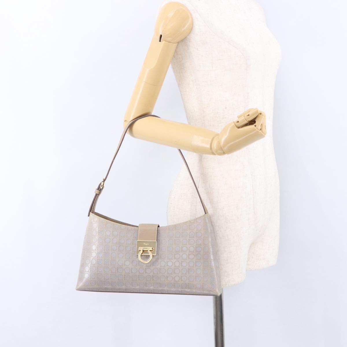 Salvatore Ferragamo Gancini Hand Bag Leather Gray Gold Auth BA14490A