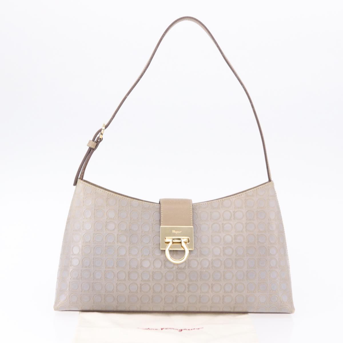 Salvatore Ferragamo Gancini Hand Bag Leather Gray Gold Auth BA14490A