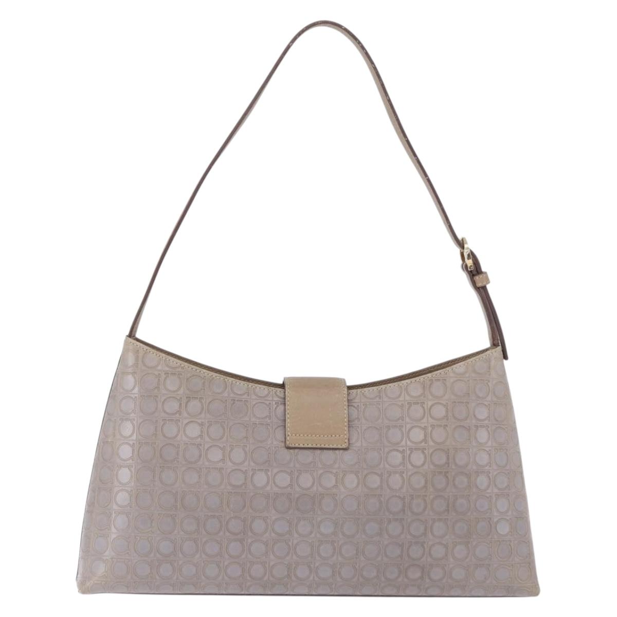 Salvatore Ferragamo Gancini Hand Bag Leather Gray Gold Auth BA14490A