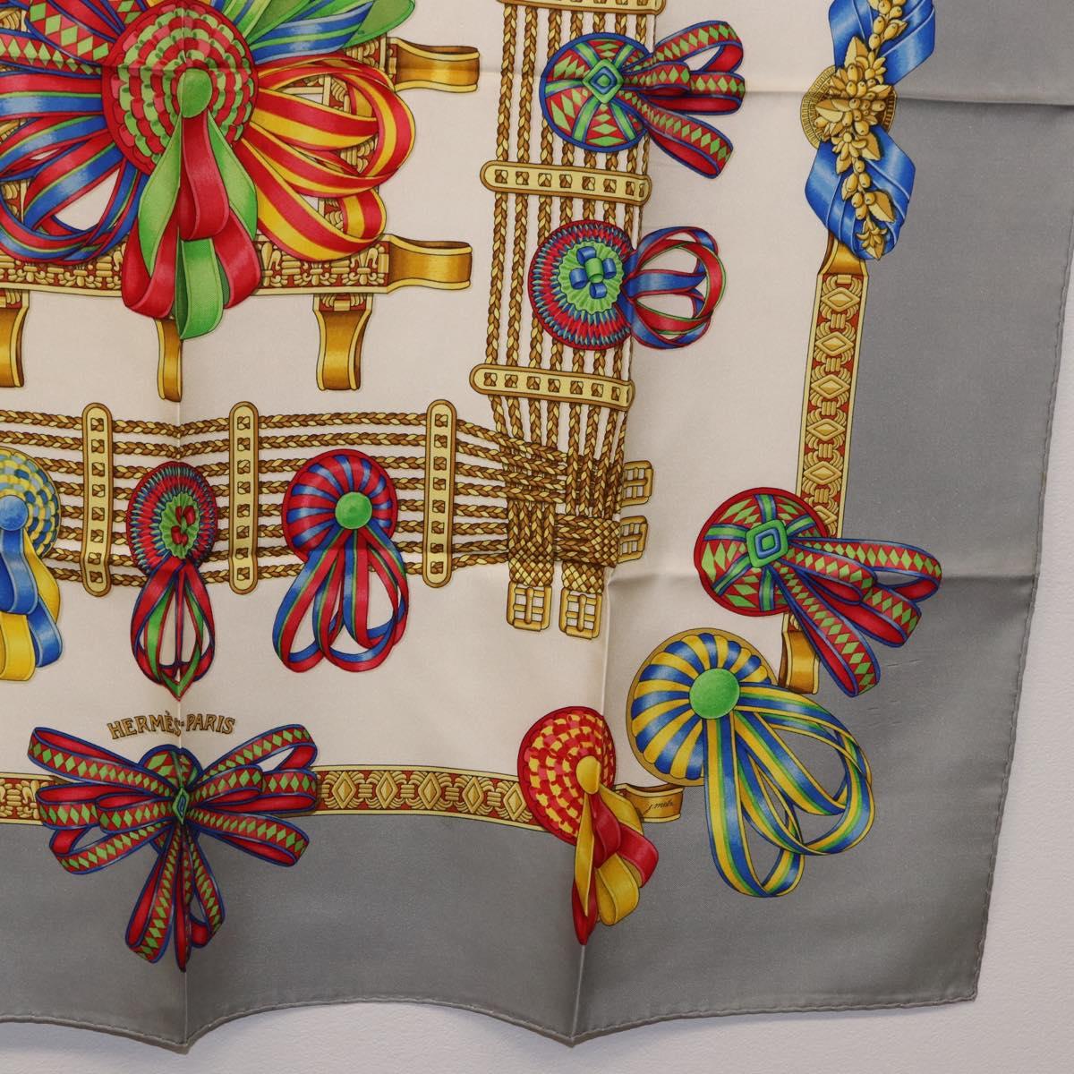 HERMES Carre 90 Scarf ”LES RUBANS DU CHEVAL” Silk Gray Auth BA14492