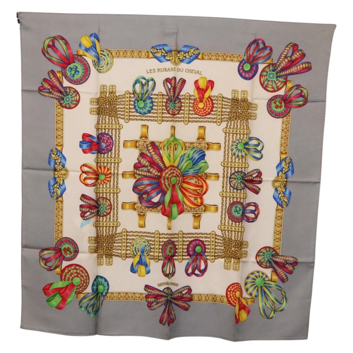 HERMES Carre 90 Scarf ”LES RUBANS DU CHEVAL” Silk Gray Auth BA14492