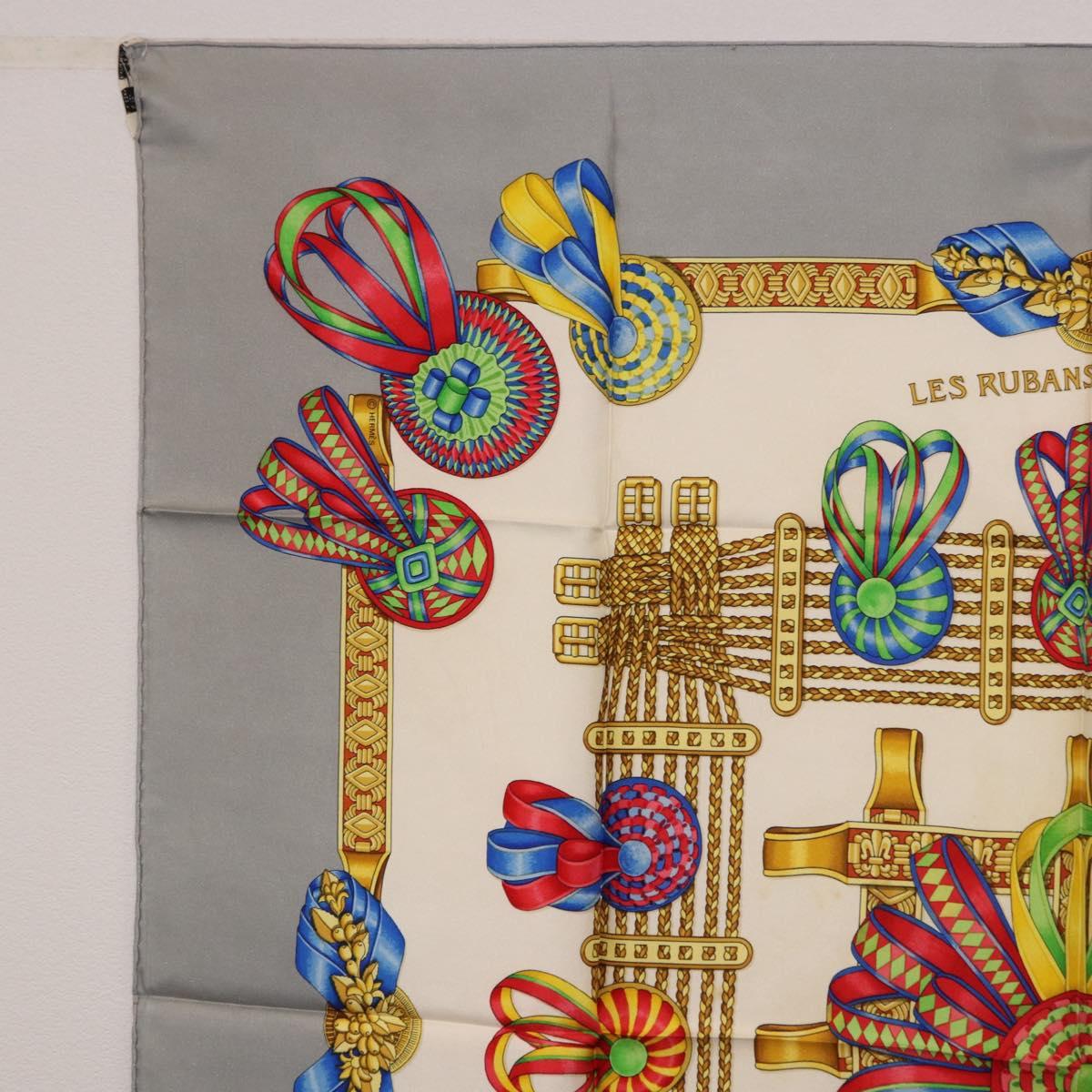 HERMES Carre 90 Scarf ”LES RUBANS DU CHEVAL” Silk Gray Auth BA14492