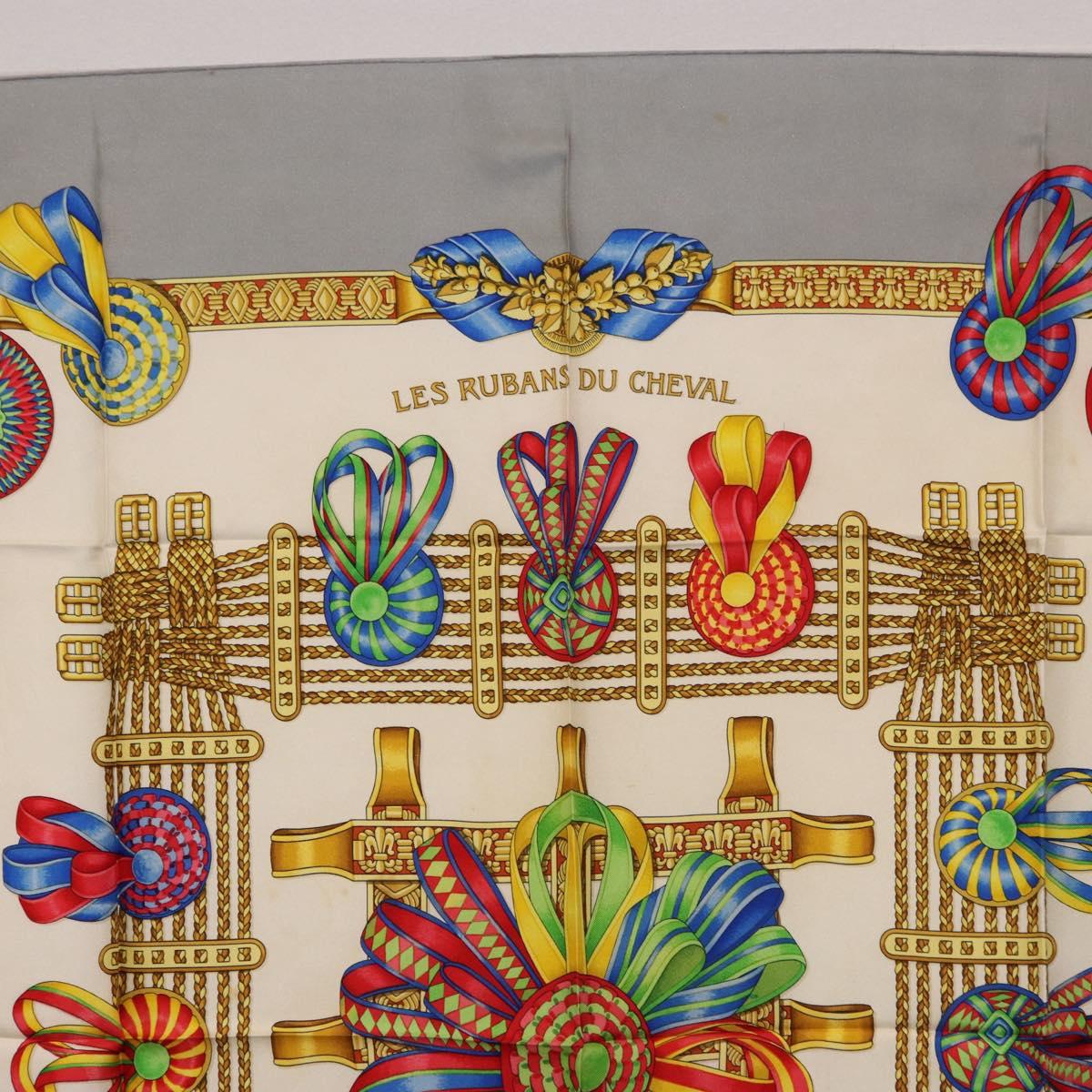HERMES Carre 90 Scarf ”LES RUBANS DU CHEVAL” Silk Gray Auth BA14492