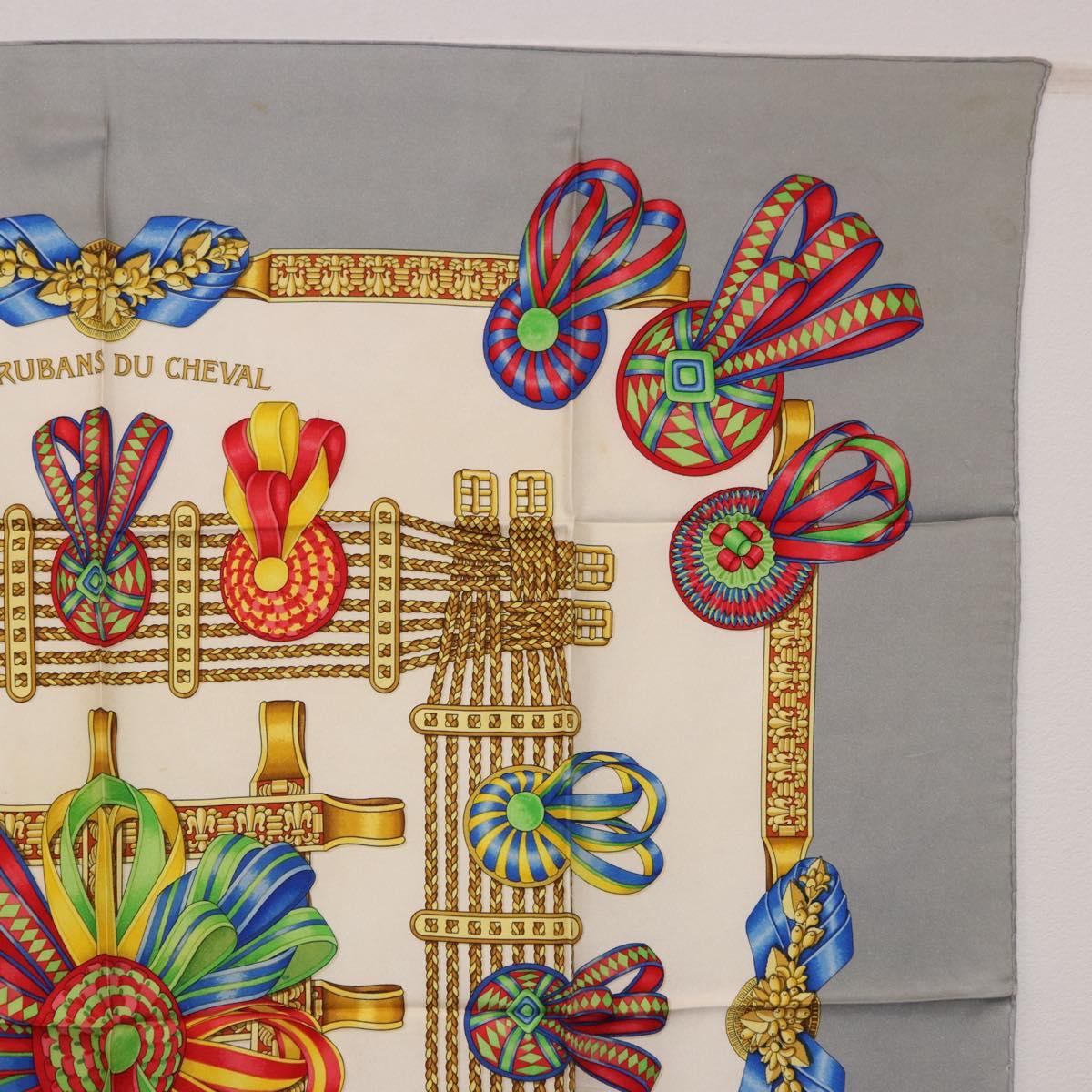 HERMES Carre 90 Scarf ”LES RUBANS DU CHEVAL” Silk Gray Auth BA14492