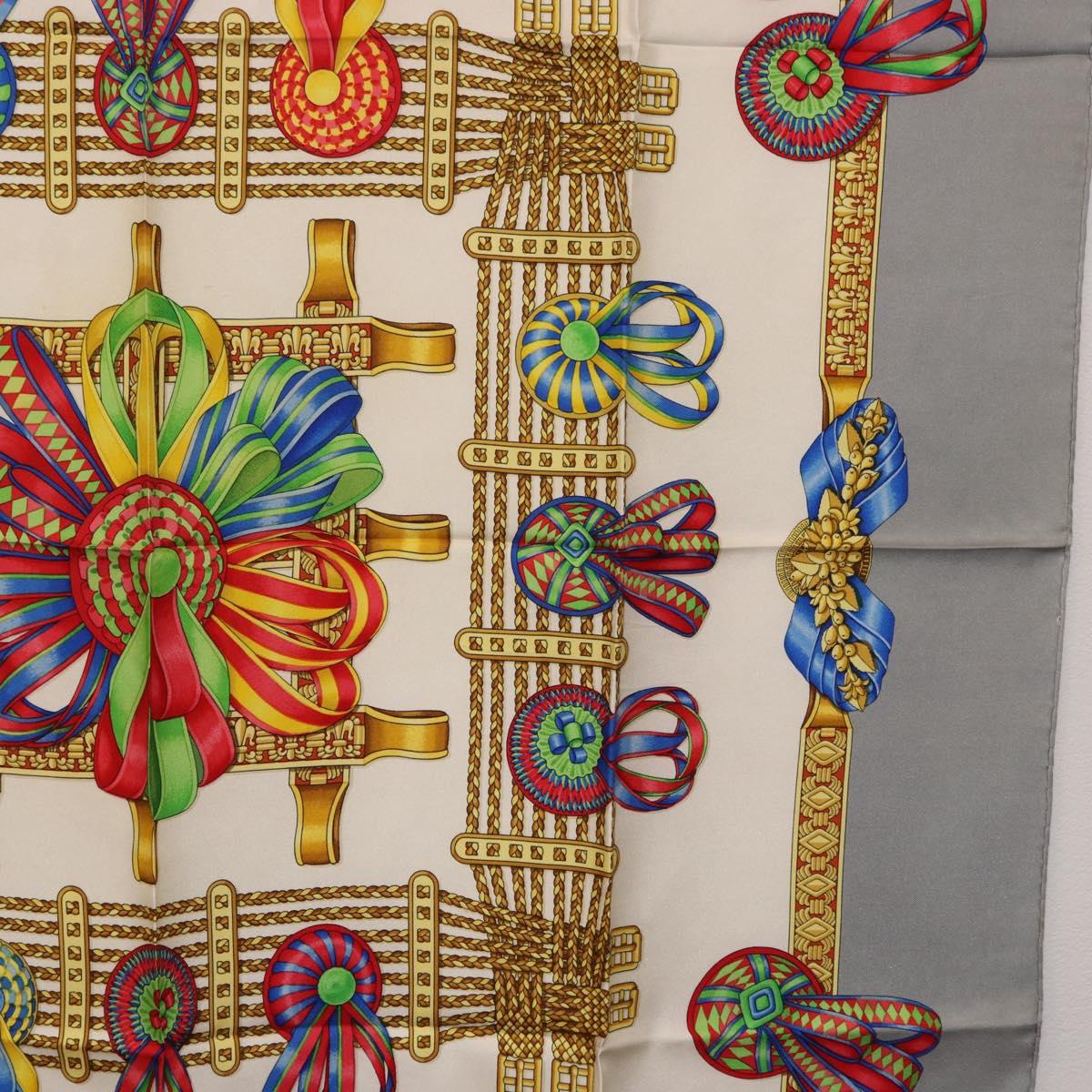 HERMES Carre 90 Scarf ”LES RUBANS DU CHEVAL” Silk Gray Auth BA14492