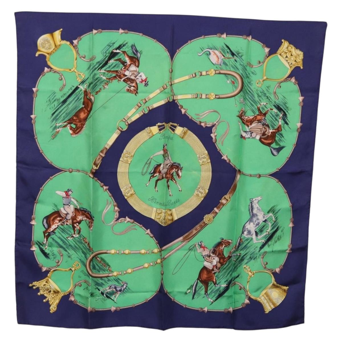 HERMES Carre 90 Scarf ”Pampa” Silk Green Auth BA14493