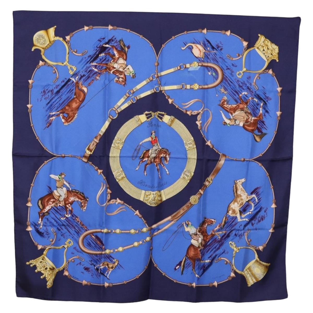 HERMES Carre 90 Scarf ”Pampa” Silk Blue Auth BA14508