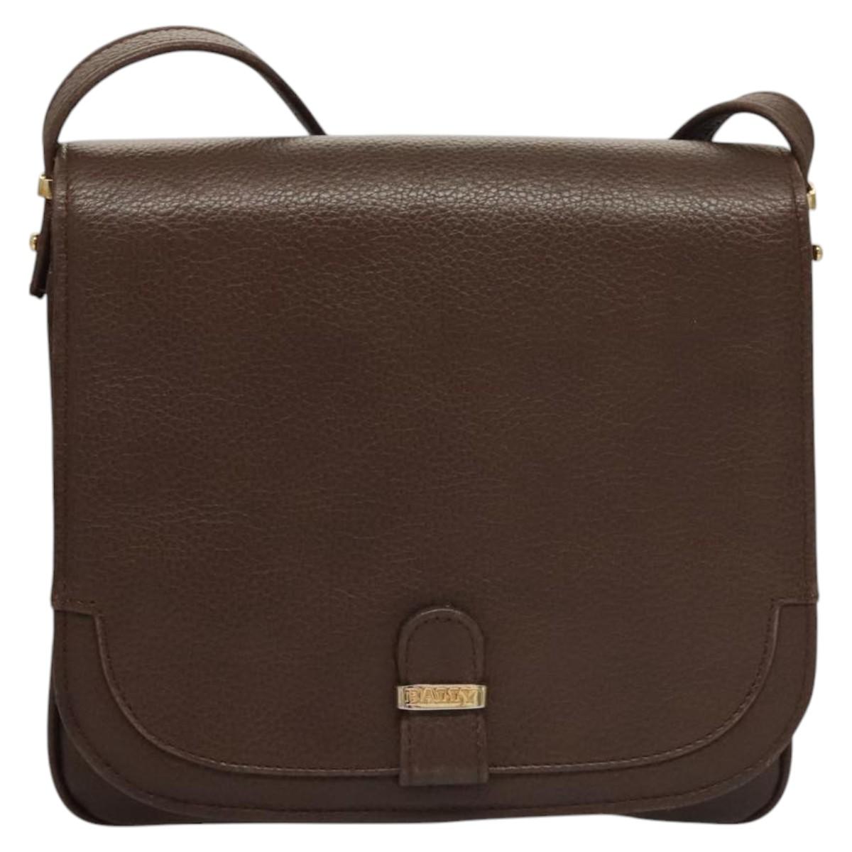 BALLY Shoulder Bag Leather Dark Brown Gold Auth BA1451