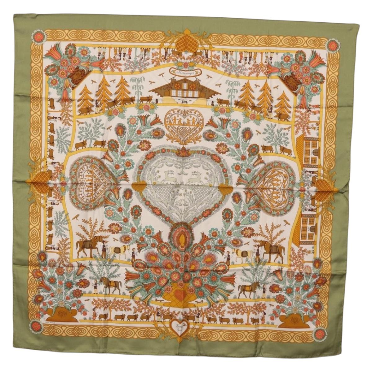 HERMES Carre 90 Scarf ”Decoupages” Silk LIme Green Auth BA14514M