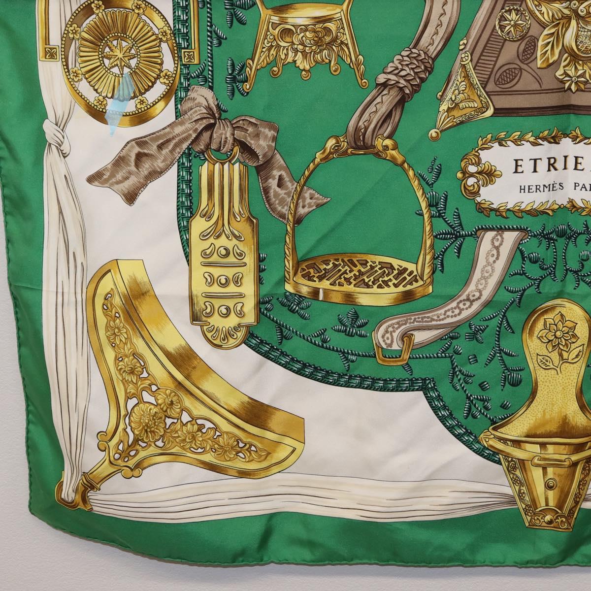 HERMES Carre 90 Scarf ”ETRIERS” Silk Green Auth BA14516