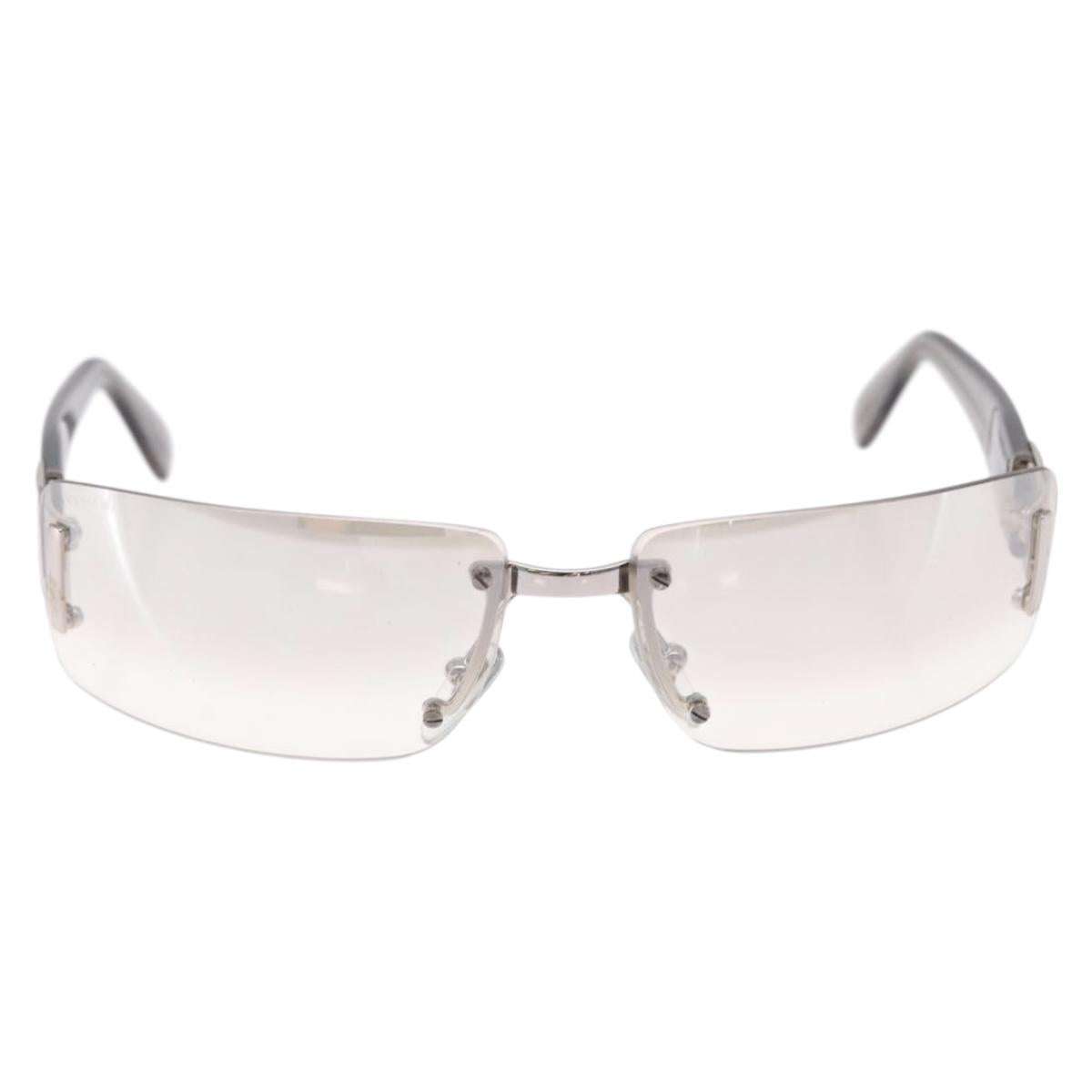 BVLGARI Rimless Sunglasses Metal Clear Silver Auth BA14525