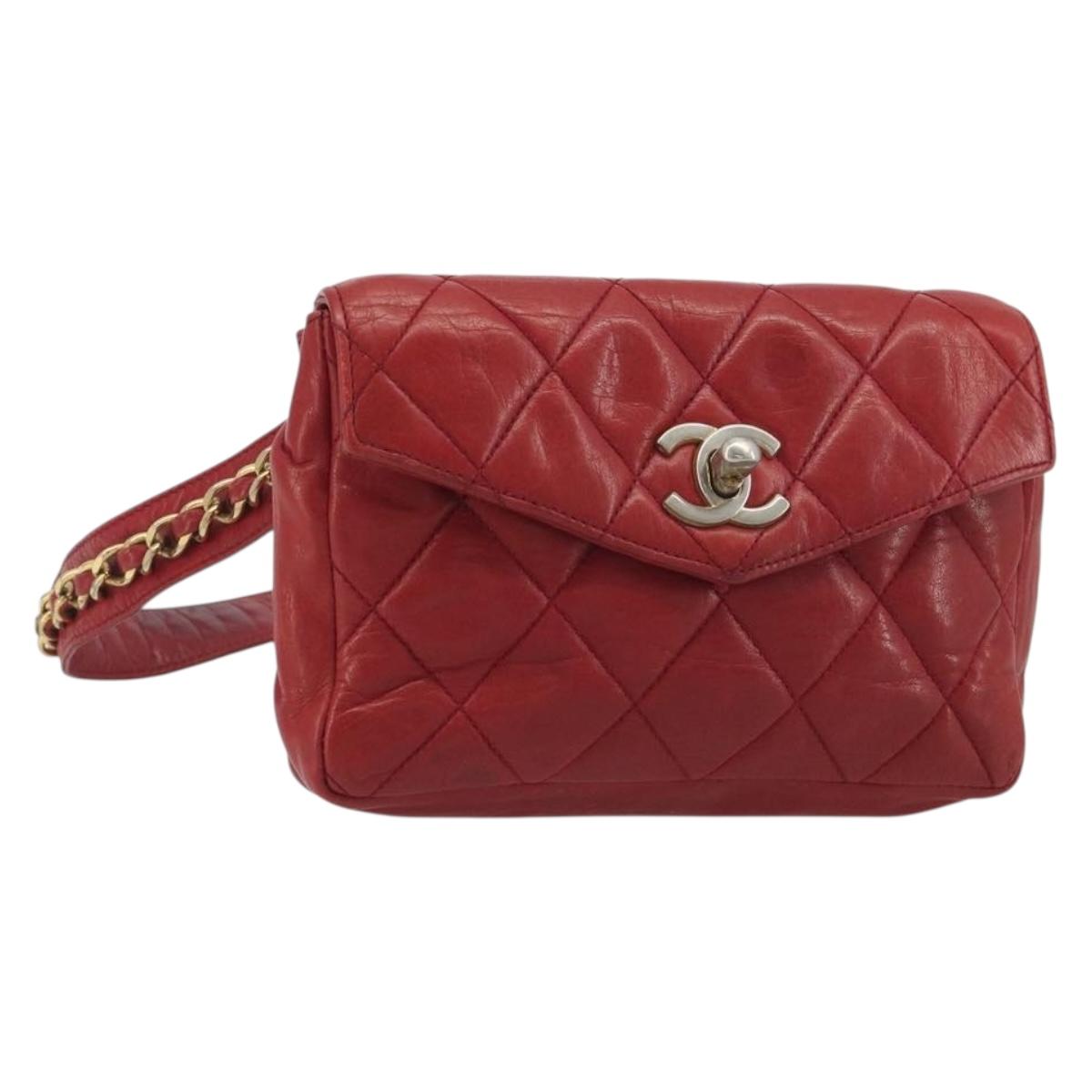 CHANEL Matelasse Waist Bag Lamb Skin Red Gold Tone CC Auth BA14558