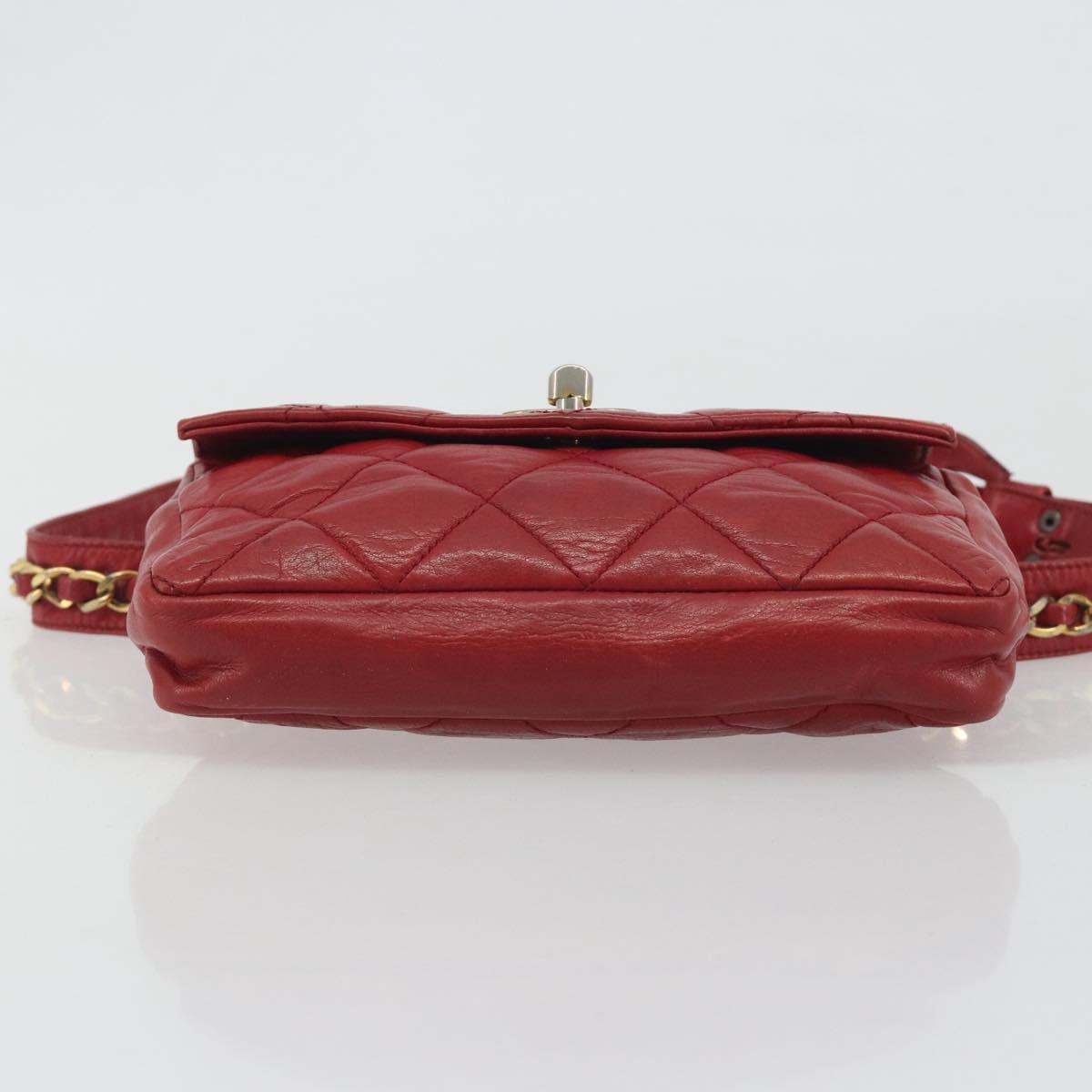 CHANEL Matelasse Waist Bag Lamb Skin Red Gold Tone CC Auth BA14558