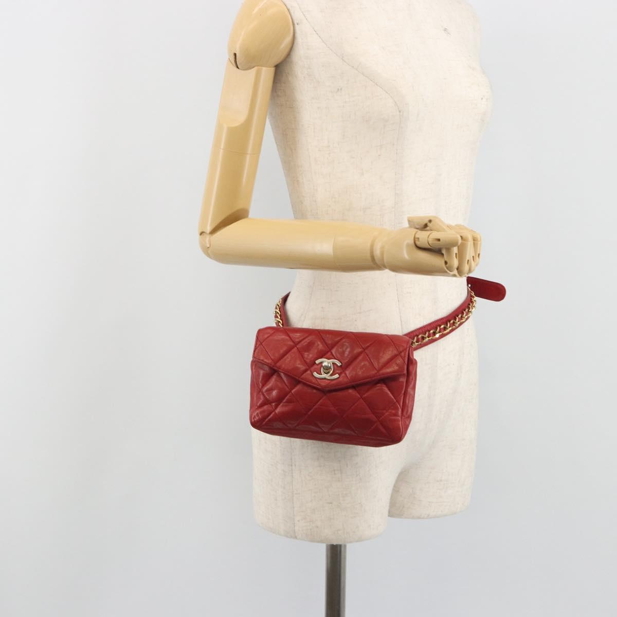 CHANEL Matelasse Waist Bag Lamb Skin Red Gold Tone CC Auth BA14558