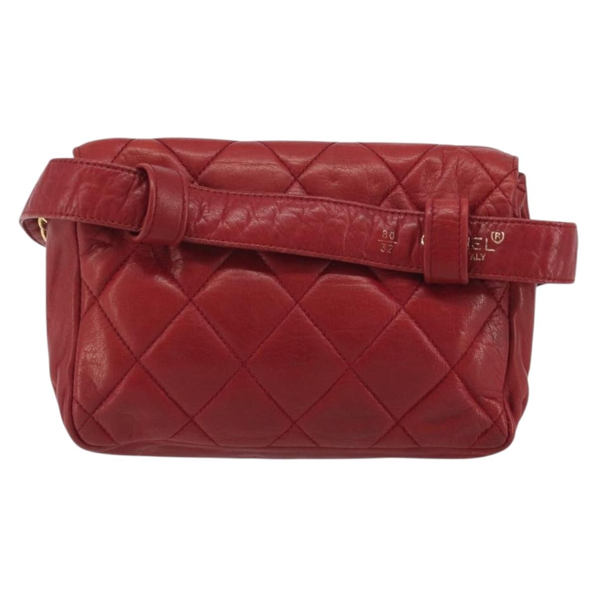 CHANEL Matelasse Waist Bag Lamb Skin Red Gold Tone CC Auth BA14558