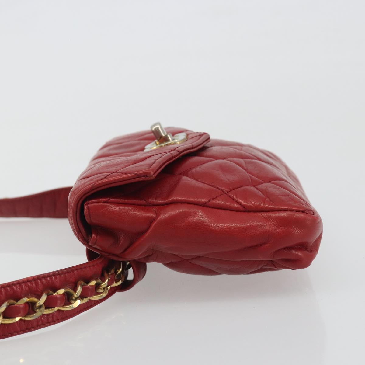 CHANEL Matelasse Waist Bag Lamb Skin Red Gold Tone CC Auth BA14558