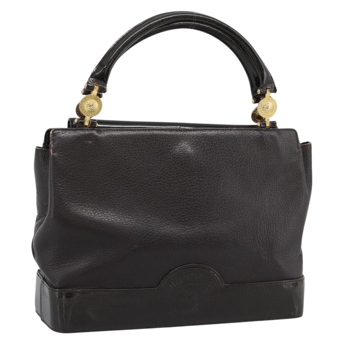 VERSACE Hand Bag Leather Brown Gold Tone Auth BA14561