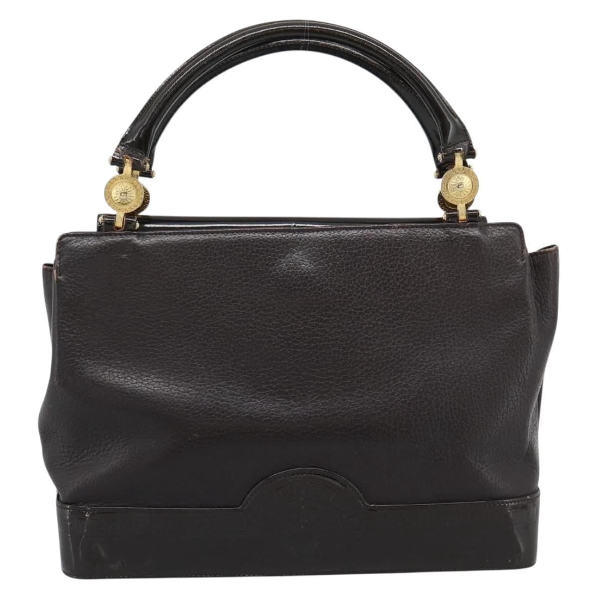 VERSACE Hand Bag Leather Brown Gold Tone Auth BA14561
