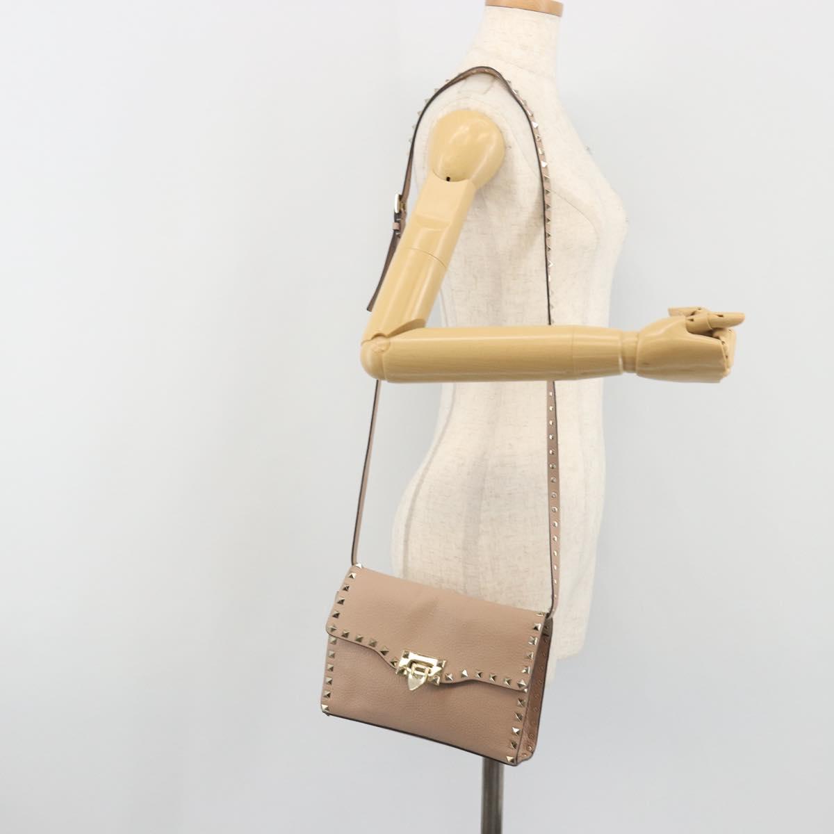 VALENTINO Studs Shoulder Bag Leather Pink Gold Tone Auth BA14563