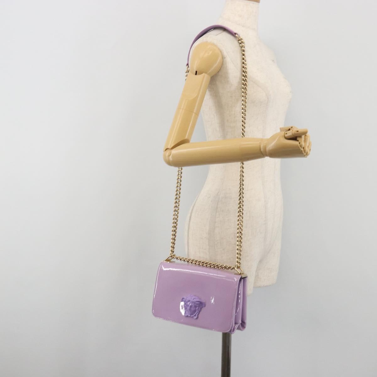 VERSACE Medusa Chain Shoulder Bag Patent Purple Gold Tone Auth BA14565A
