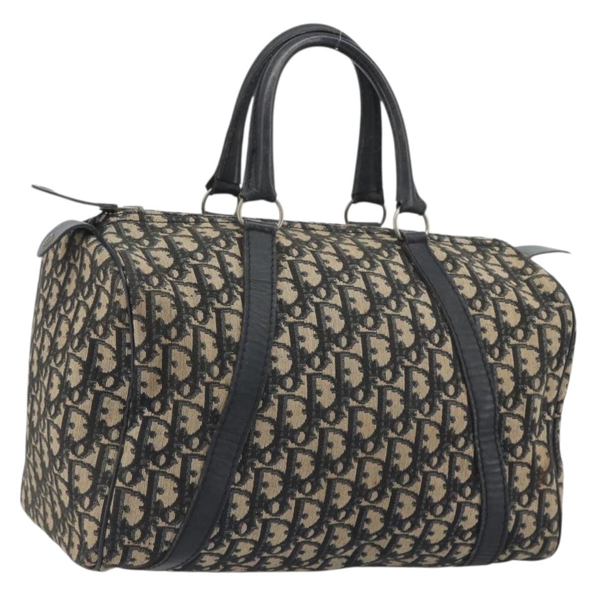 Christian Dior Trotter Canvas Hand Bag Navy Gold Tone Auth BA14570