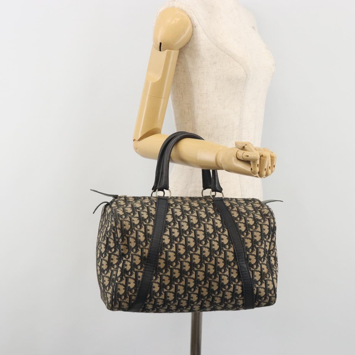 Christian Dior Trotter Canvas Hand Bag Navy Gold Tone Auth BA14570