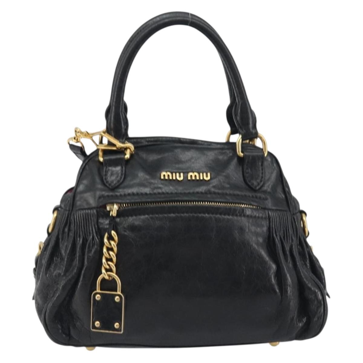 Miu Miu Hand Bag Leather 2way Black Gold Tone Auth BA14580V