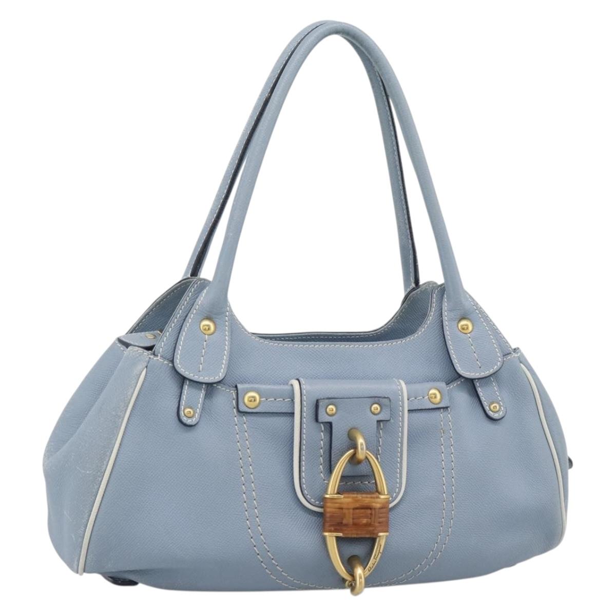 Salvatore Ferragamo Hand Bag Leather Light Blue Gold Tone Auth BA14586