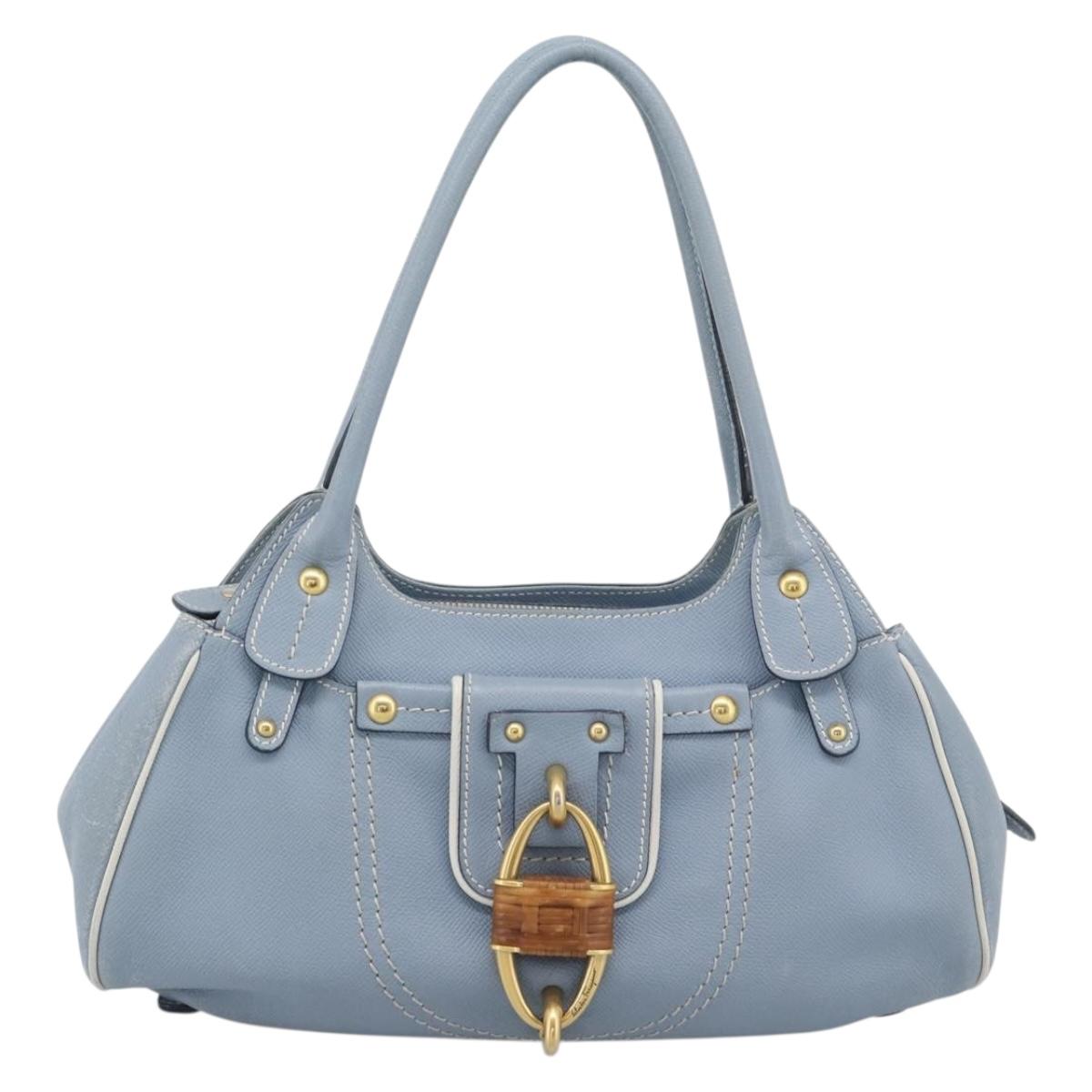 Salvatore Ferragamo Hand Bag Leather Light Blue Gold Tone Auth BA14586
