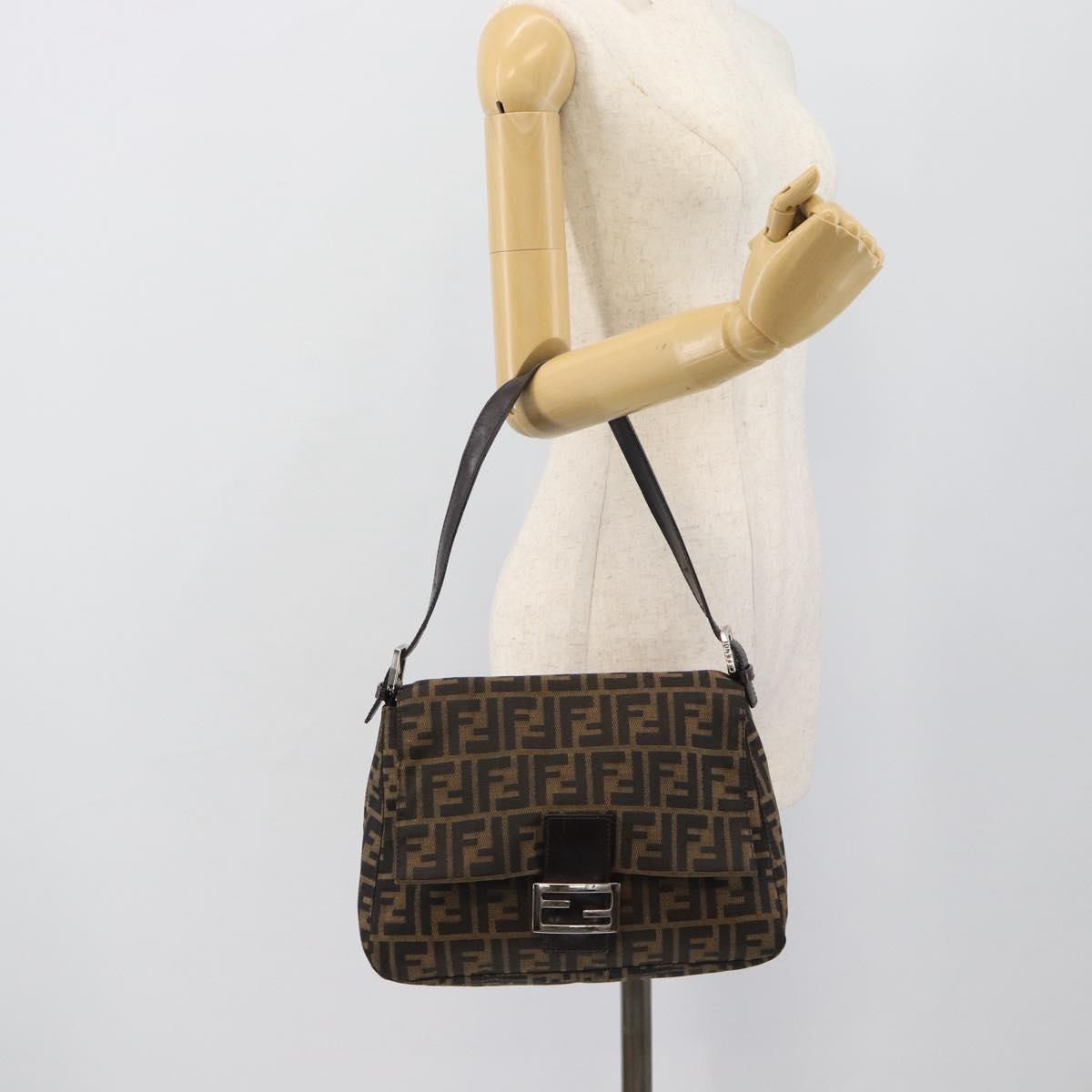FENDI Zucca Canvas Mamma Baguette Shoulder Bag Brown Silver Auth BA14593V