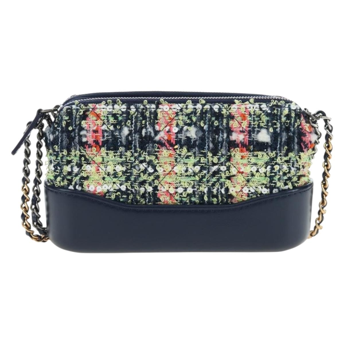 CHANEL Gabrielle de Chanel Chain Shoulder Bag Tweed Navy Gold CC Auth BA14596SAM