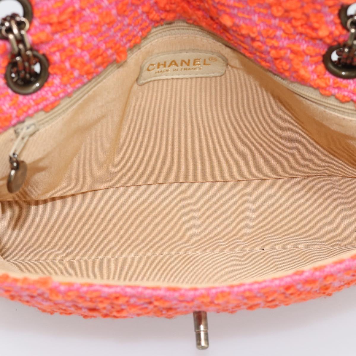 CHANEL Matelasse 25 Chain Shoulder Bag Tweed Orange Gold Tone CC Auth BA14597SAM