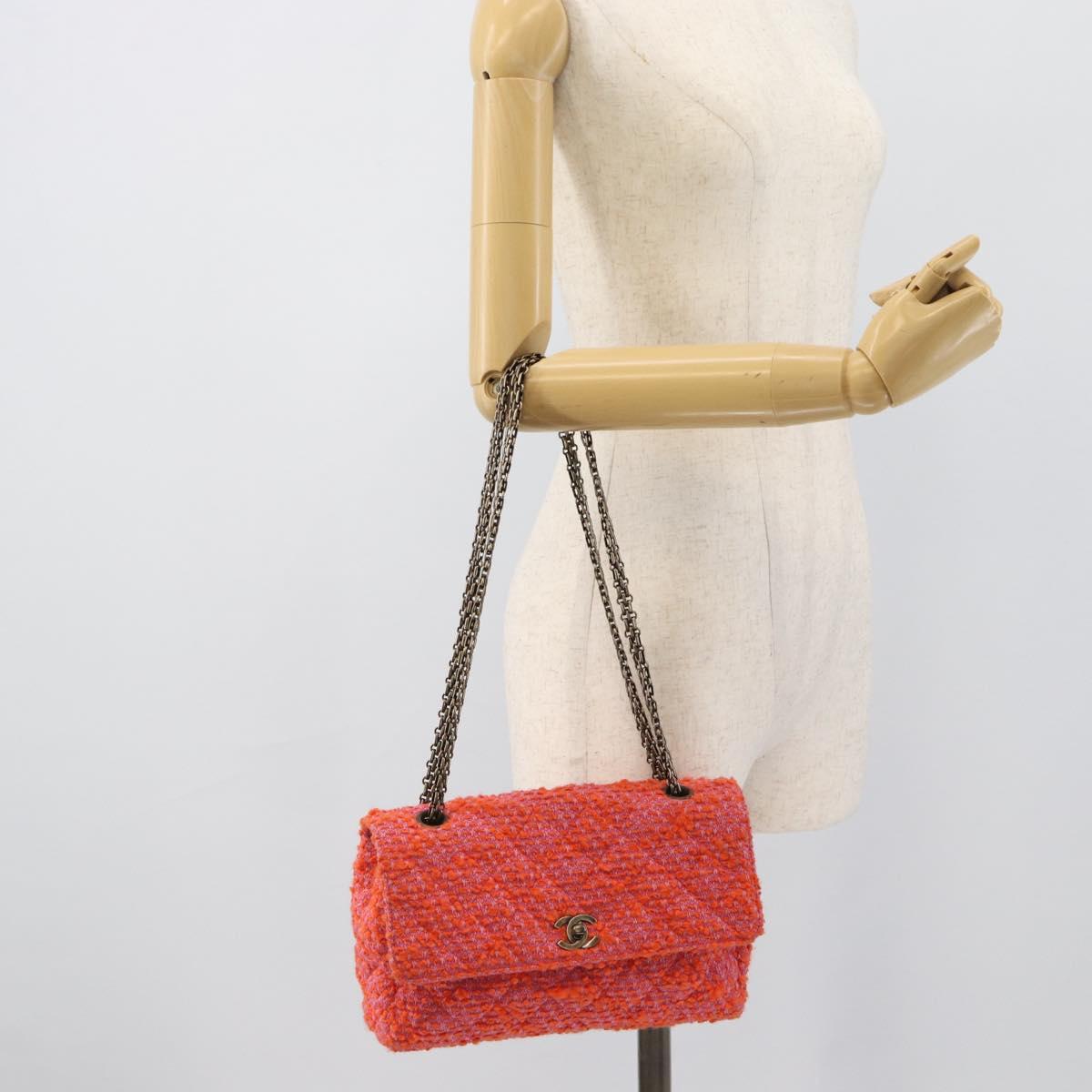 CHANEL Matelasse 25 Chain Shoulder Bag Tweed Orange Gold Tone CC Auth BA14597SAM