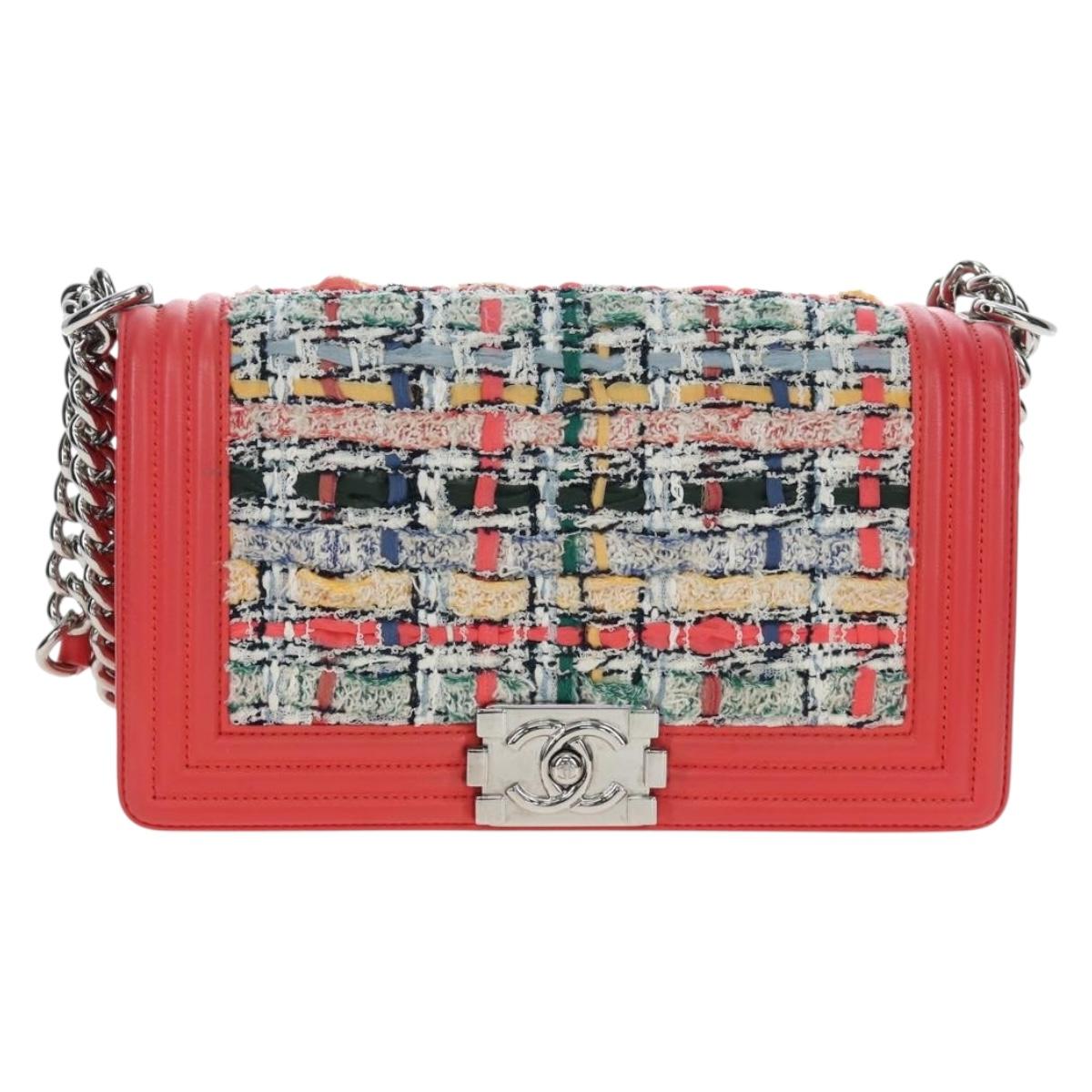 CHANEL Boy Chanel 25 Chain Shoulder Bag Tweed Pink Silver CC Auth BA14598SAM
