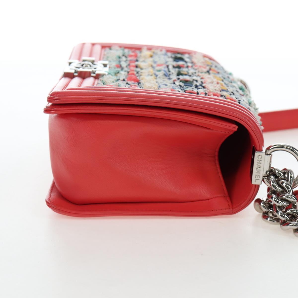 CHANEL Boy Chanel 25 Chain Shoulder Bag Tweed Pink Silver CC Auth BA14598SAM