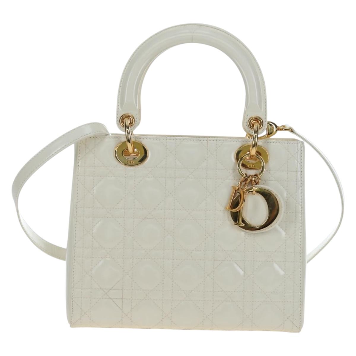 Christian Dior Lady Dior Hand Bag Patent 2way Ivory Gold Tone Auth BA14602M
