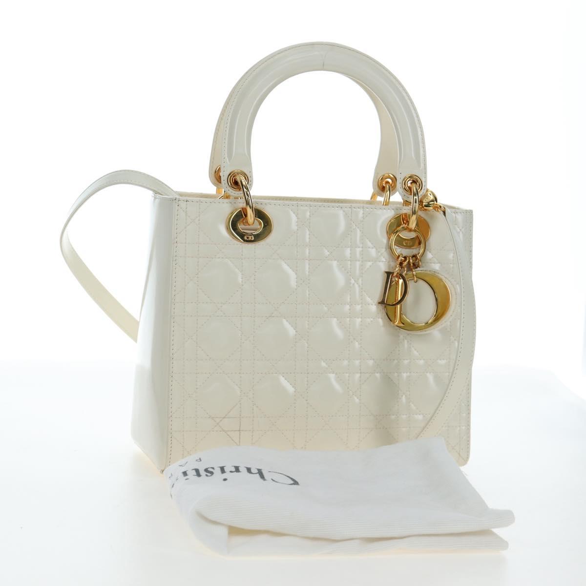 Christian Dior Lady Dior Hand Bag Patent 2way Ivory Gold Tone Auth BA14602M
