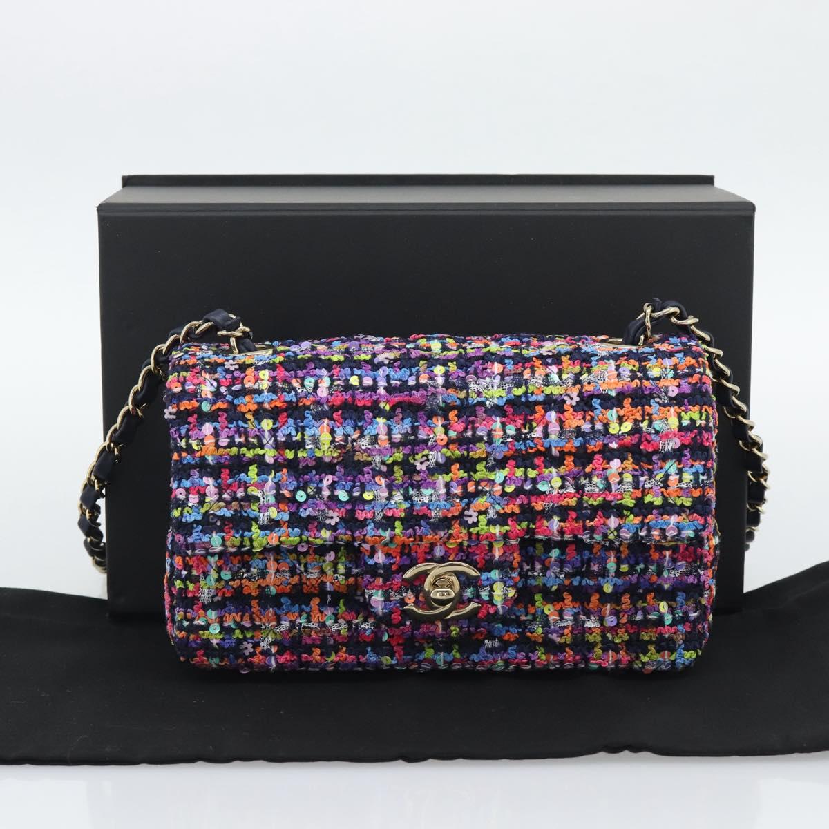 CHANEL Matelasse 20 Chain Shoulder Bag Tweed Multicolor Gold CC Auth BA14608SM