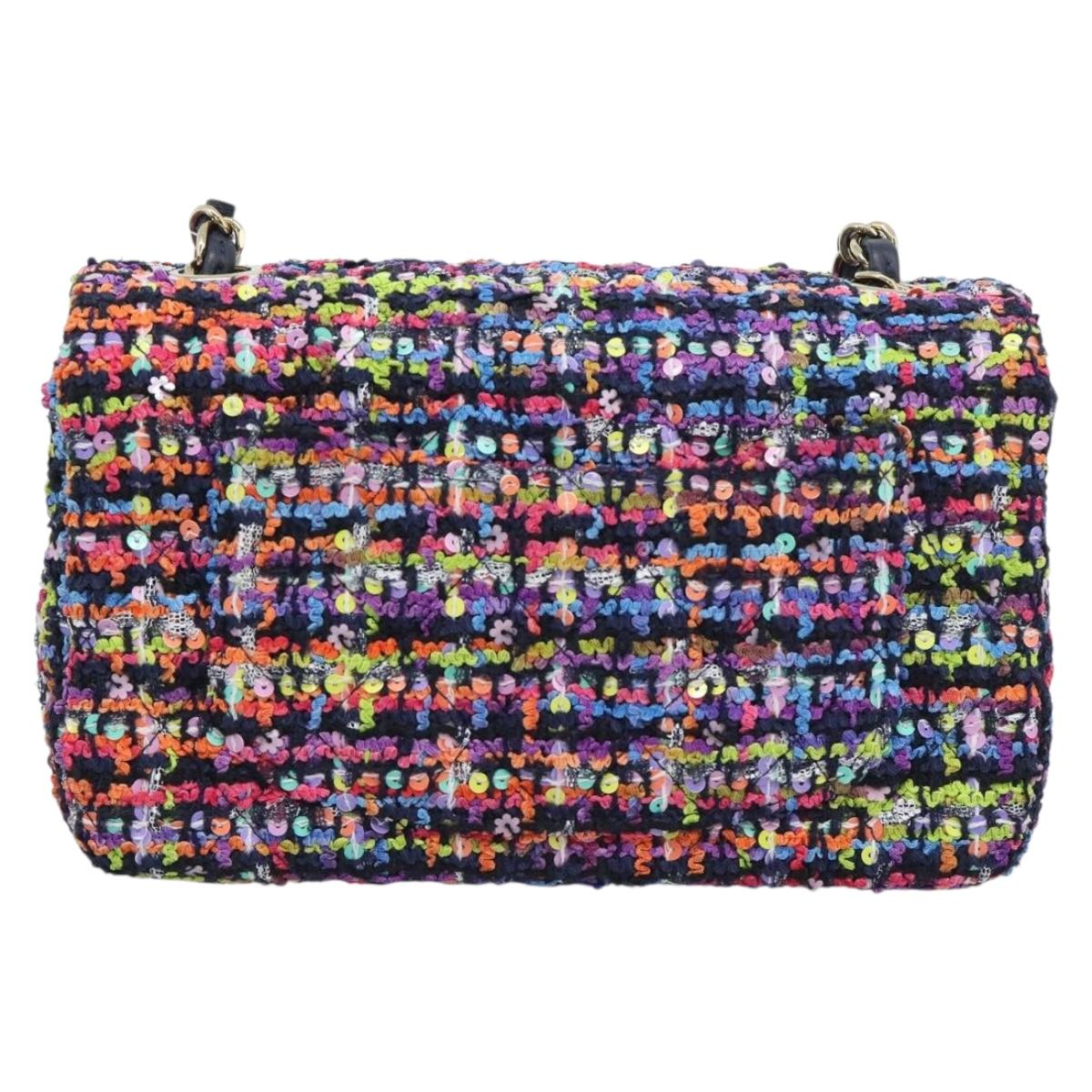 CHANEL Matelasse 20 Chain Shoulder Bag Tweed Multicolor Gold CC Auth BA14608SM