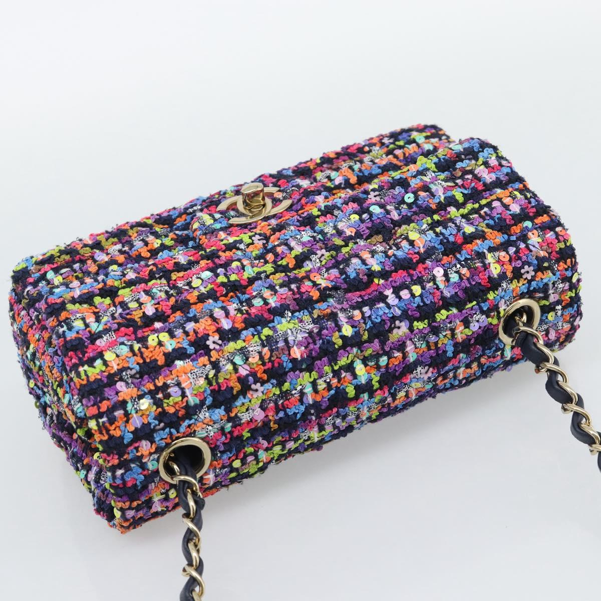 CHANEL Matelasse 20 Chain Shoulder Bag Tweed Multicolor Gold CC Auth BA14608SM