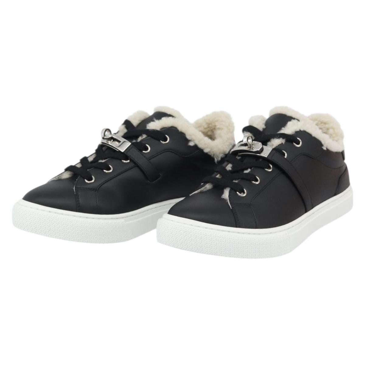 HERMES Day Kelly Buckle Sneakers Leather Black White Auth BA14611SAM
