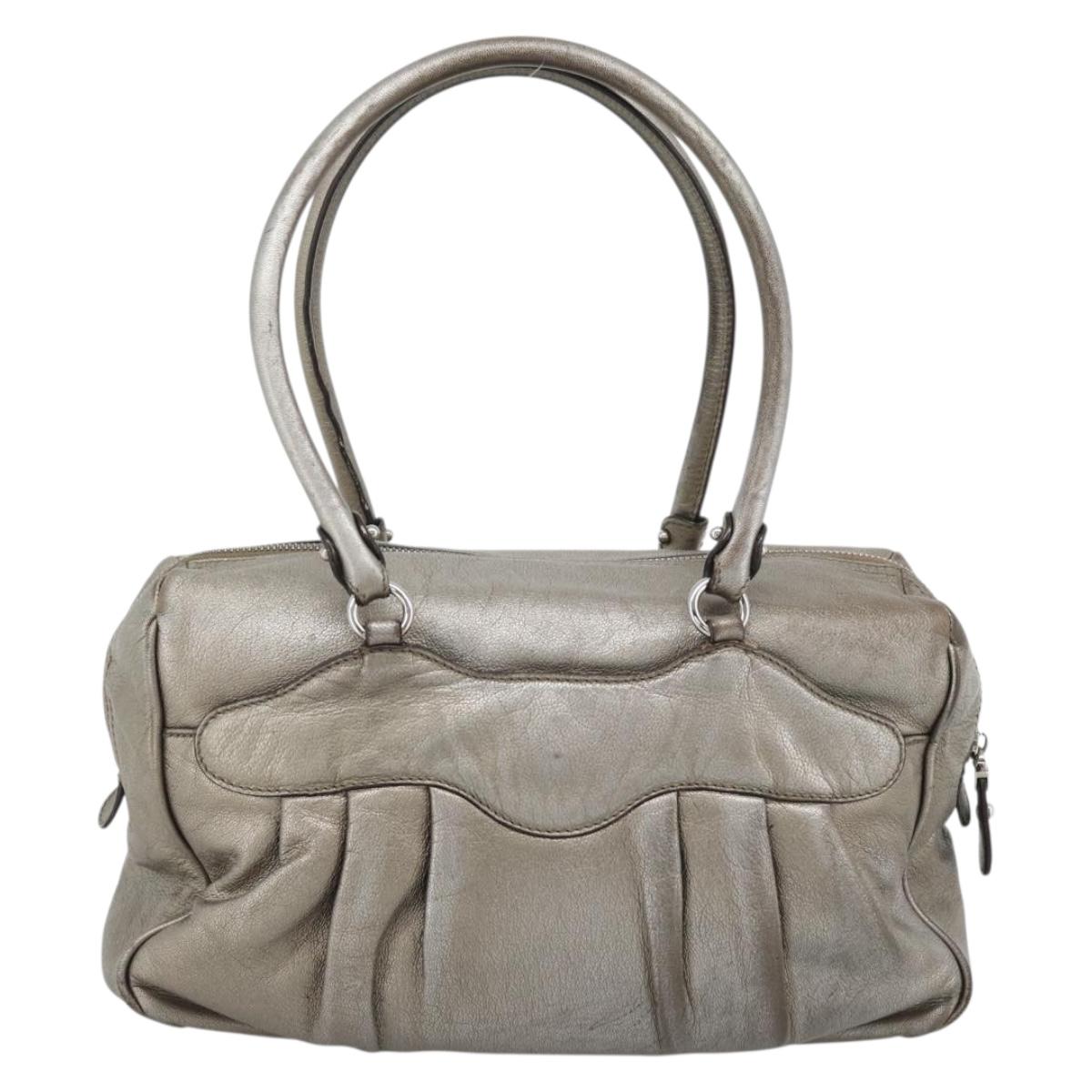 Salvatore Ferragamo Gancini Hand Bag Leather Champagne Gold Silver Auth BA14633A