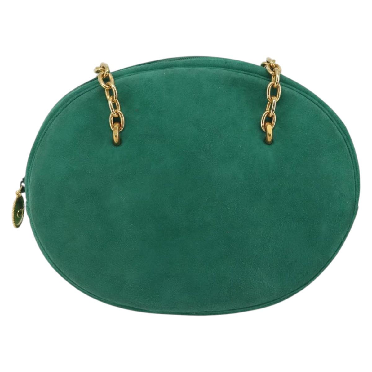 Christian Dior Chain Shoulder Bag Suede Green Gold Tone Auth BA14634V