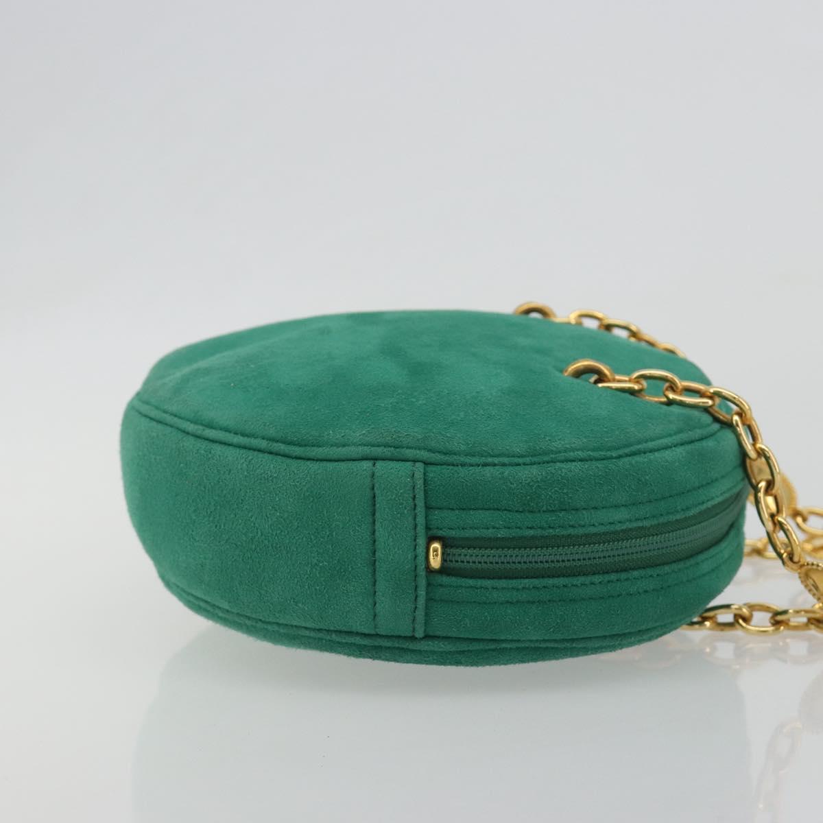 Christian Dior Chain Shoulder Bag Suede Green Gold Tone Auth BA14634V