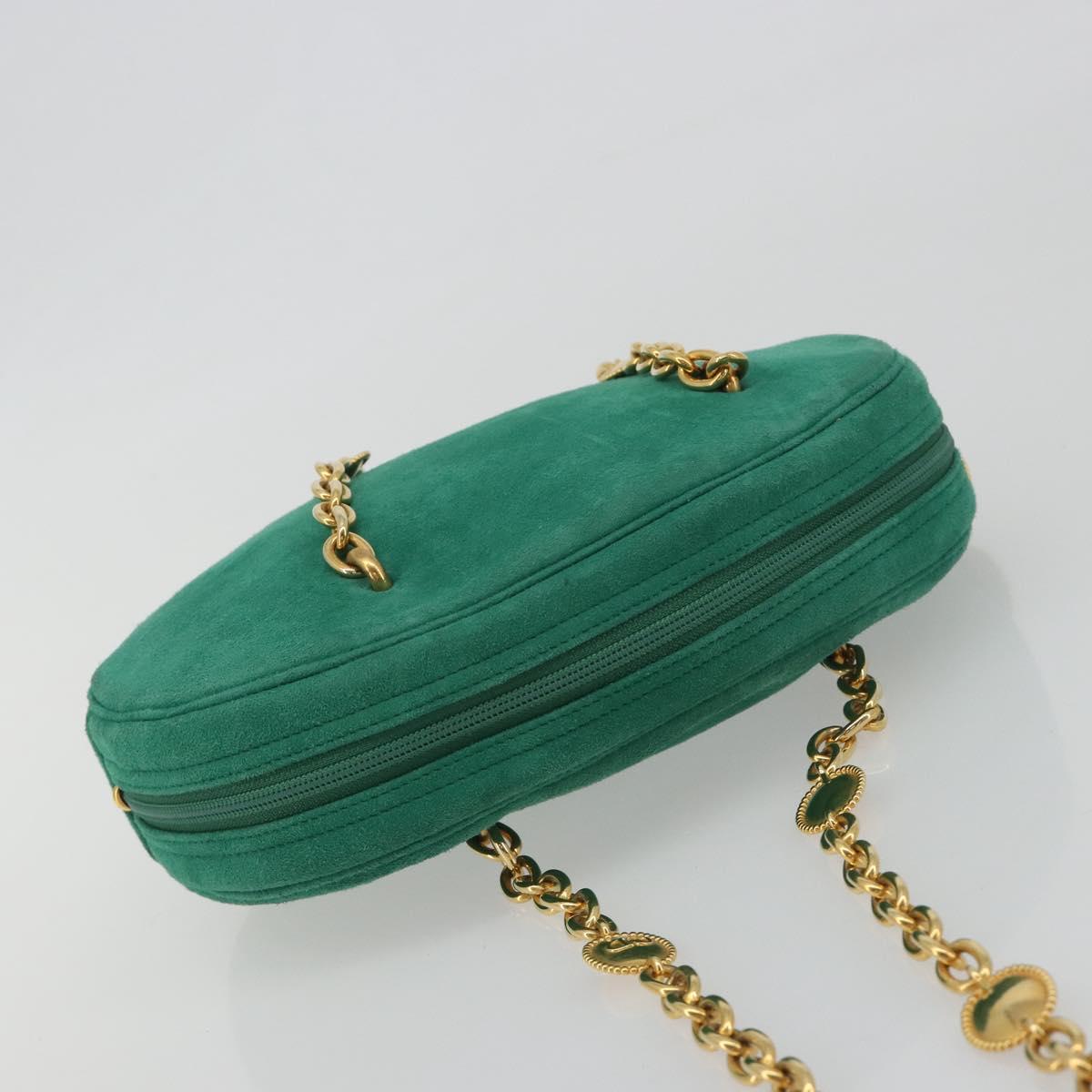 Christian Dior Chain Shoulder Bag Suede Green Gold Tone Auth BA14634V